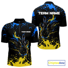 Load image into Gallery viewer, Personalized Black, Blue &amp; Yellow Bowling Shirts For Men, Bowling Balls And Pins Bowling Team Shirts NQS11465
