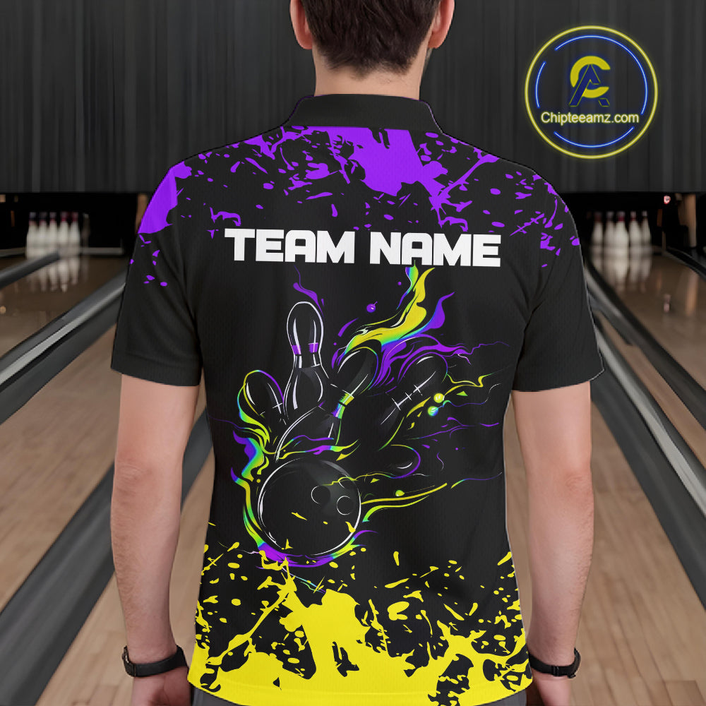 Personalized Black, Purple & Yellow Bowling Shirts For Men, Bowling Balls And Pins Bowling Team Shirt NQS11466
