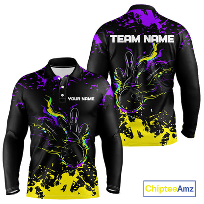 Personalized Black, Purple & Yellow Bowling Shirts For Men, Bowling Balls And Pins Bowling Team Shirt NQS11466
