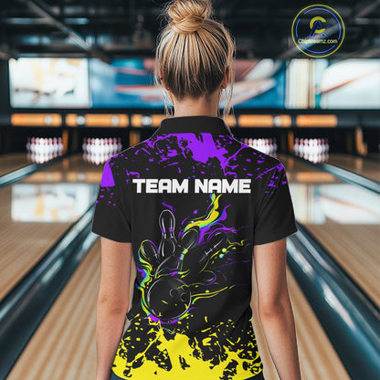 Personalized Black, Purple & Yellow Bowling Shirts For Women, Bowling Balls & Pins Bowling Team Shirt NQS11466