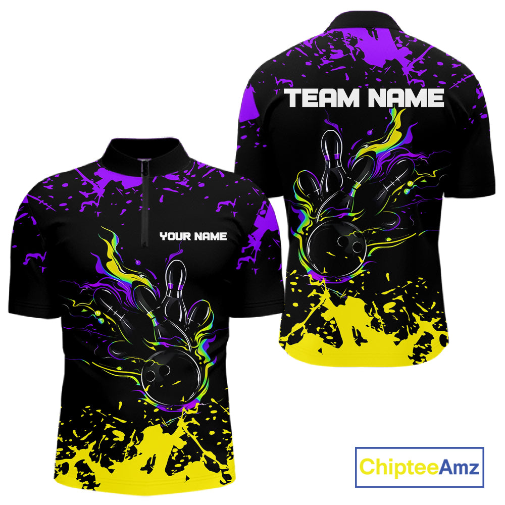 Personalized Black, Purple & Yellow Bowling Shirts For Men, Bowling Balls And Pins Bowling Team Shirt NQS11466