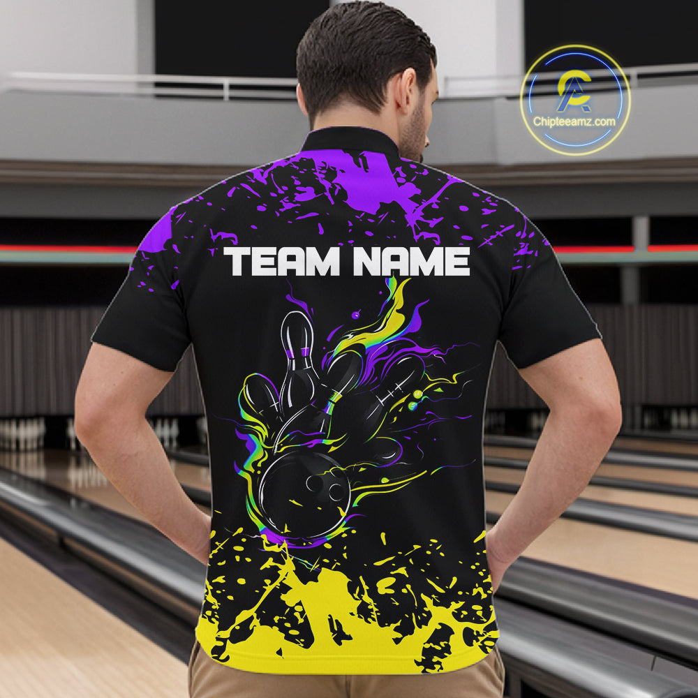 Personalized Black, Purple & Yellow Bowling Shirts For Men, Bowling Balls And Pins Bowling Team Shirt NQS11466