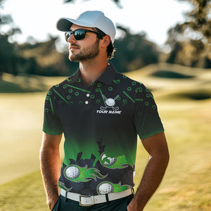 Black and Green Flame golf ball pattern Men golf polo shirts Custom team golf attire for men NQS9524