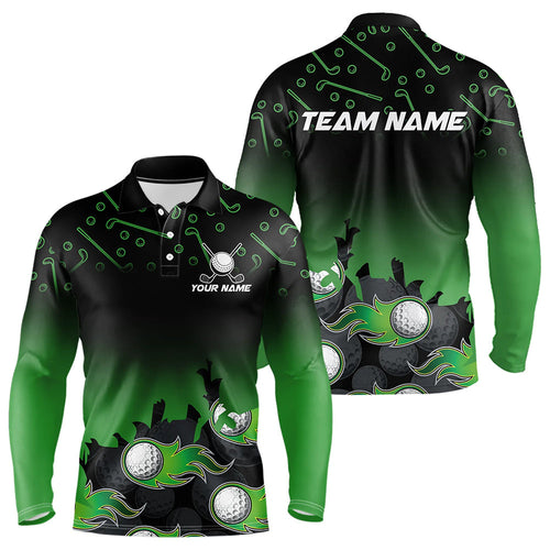 Black and Green Flame golf ball pattern Men golf polo shirts Custom team golf attire for men NQS9524