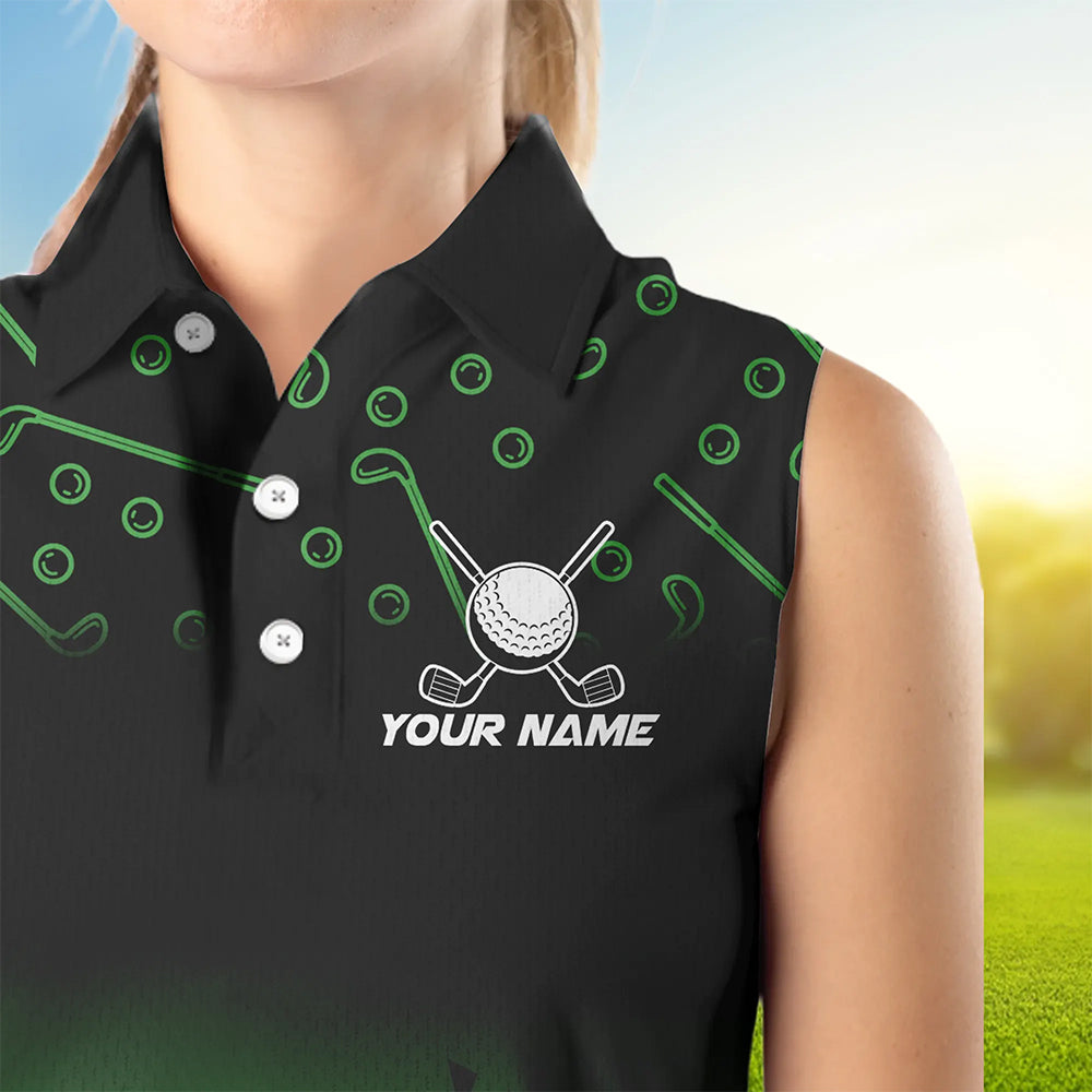 Black and Green Flame golf ball pattern Women sleeveless polo shirt Custom team golf attire for women NQS9524