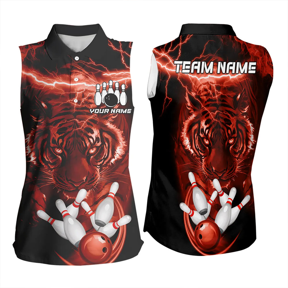 Personalized Red Lightning Thunder Tiger Bowling Sleeveless Polo Shirt Custom Bowling Team Jersey NQS9683