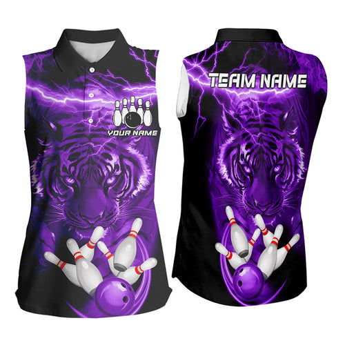 Personalized Purple Lightning Thunder Tiger Bowling Sleeveless Polo Shirt Custom Bowling Team Jersey NQS9684