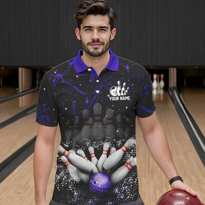 Personalized Black and Purple Camo Bowling Polo, Quarter Zip Shirts For Men Custom Bowling Team Jersey NQS9687