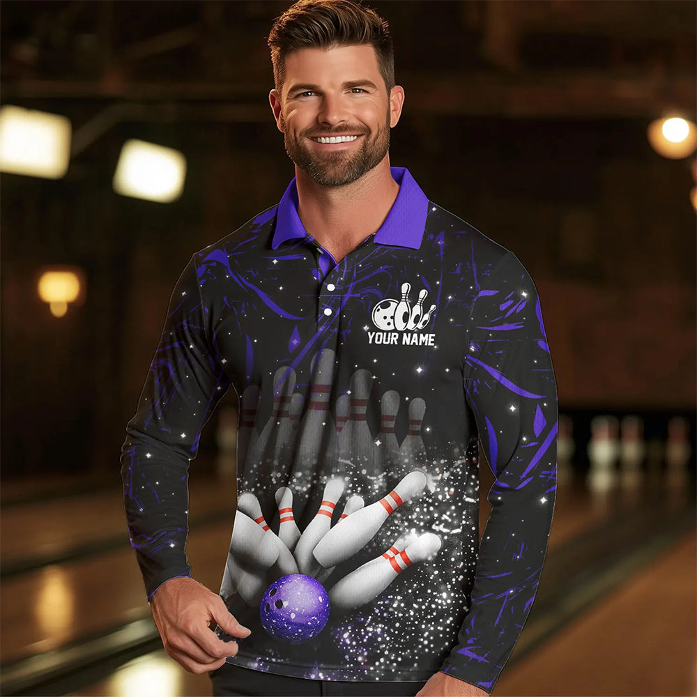 Personalized Black and Purple Camo Bowling Polo, Quarter Zip Shirts For Men Custom Bowling Team Jersey NQS9687