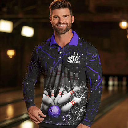 Personalized Black and Purple Camo Bowling Polo, Quarter Zip Shirts For Men Custom Bowling Team Jersey NQS9687