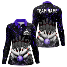 Load image into Gallery viewer, Personalized Black &amp; Purple Camo Bowling Polo, Quarter Zip Shirt For Women Custom Bowling Team Jersey NQS9687