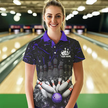 Load image into Gallery viewer, Personalized Black &amp; Purple Camo Bowling Polo, Quarter Zip Shirt For Women Custom Bowling Team Jersey NQS9687