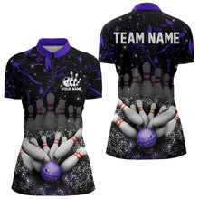 Load image into Gallery viewer, Personalized Black &amp; Purple Camo Bowling Polo, Quarter Zip Shirt For Women Custom Bowling Team Jersey NQS9687