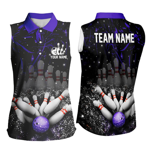 Personalized Black & Purple Camo Women Bowling Sleeveless Polo Shirt Custom Bowling Team Jersey NQS9687