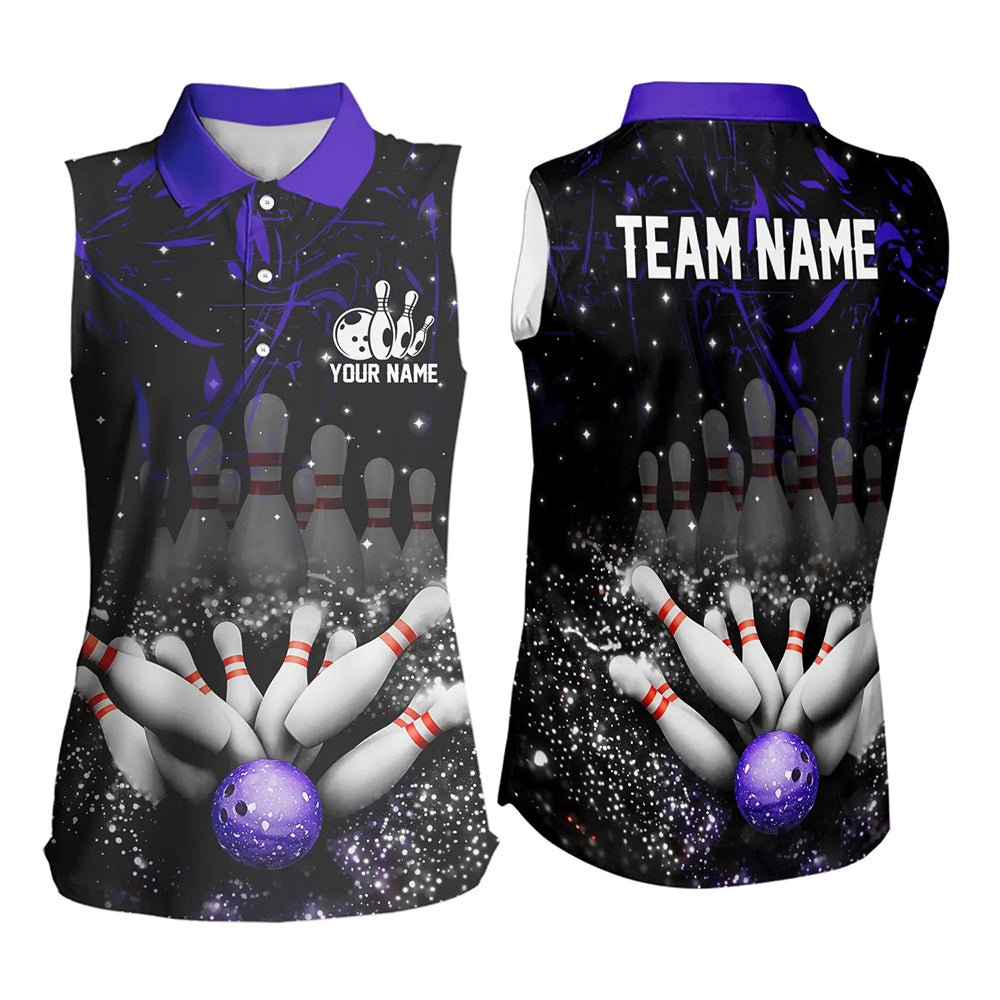 Personalized Black & Purple Camo Women Bowling Sleeveless Polo Shirt Custom Bowling Team Jersey NQS9687