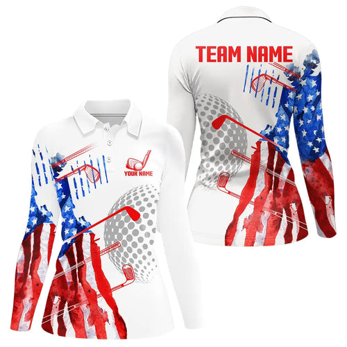 Red, White and Blue American Flag Golf Polo Shirt For Women Custom Patriotic Golf Shirts Golfer Outfit NQS9690