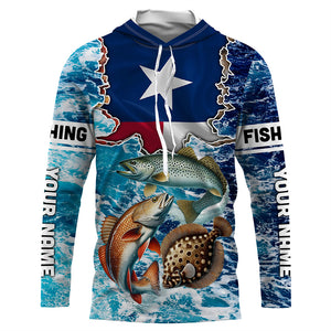 Texas Flag Redfish, trout, flounder inshore blue camo custom long sleeves performance fishing shirts NQS5464