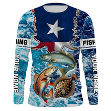 Load image into Gallery viewer, Texas Flag Redfish, trout, flounder inshore blue camo custom long sleeves performance fishing shirts NQS5464