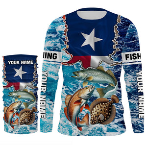 Texas Flag Redfish, trout, flounder inshore blue camo custom long sleeves performance fishing shirts NQS5464