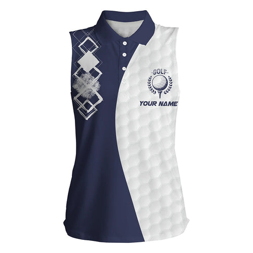 Womens sleeveless golf polo shirts custom white golf ball skin golf apparel for Kid, golf gifts | Navy NQS7631