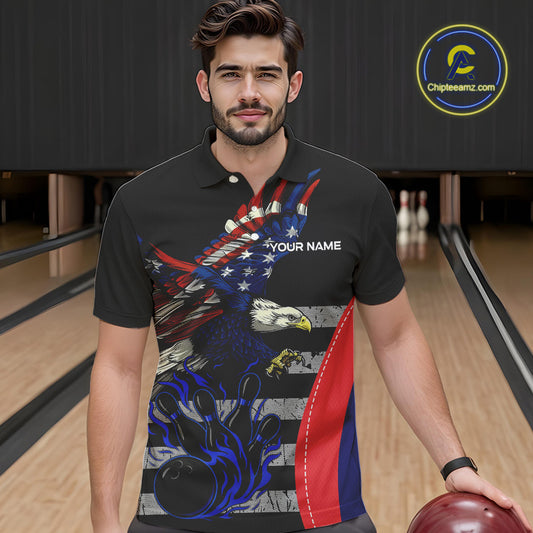 Eagle American Flag Custom Flame Bowling Team Shirts For Men, Patriotic Bowling Uniform NQS9971