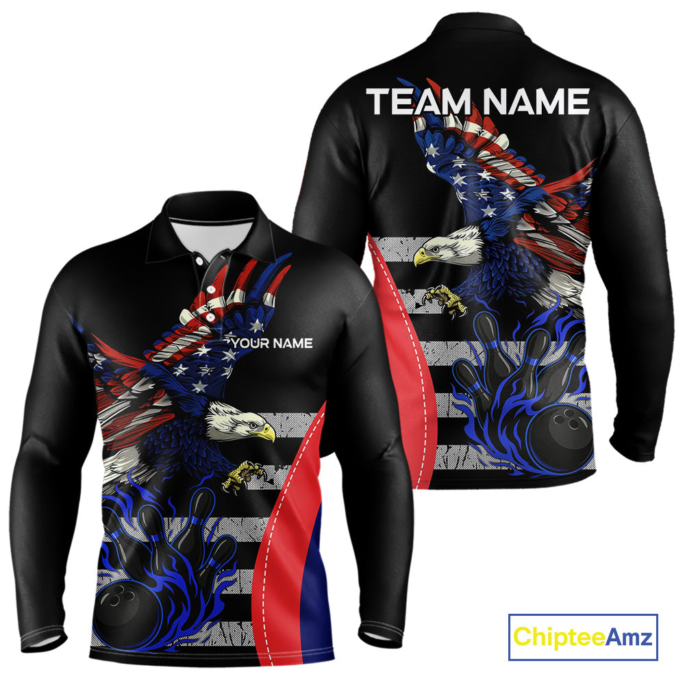Eagle American Flag Custom Flame Bowling Team Shirts For Men, Patriotic Bowling Uniform NQS9971
