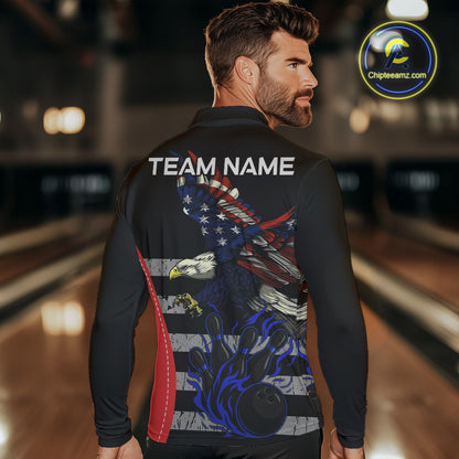 Eagle American Flag Custom Flame Bowling Team Shirts For Men, Patriotic Bowling Uniform NQS9971