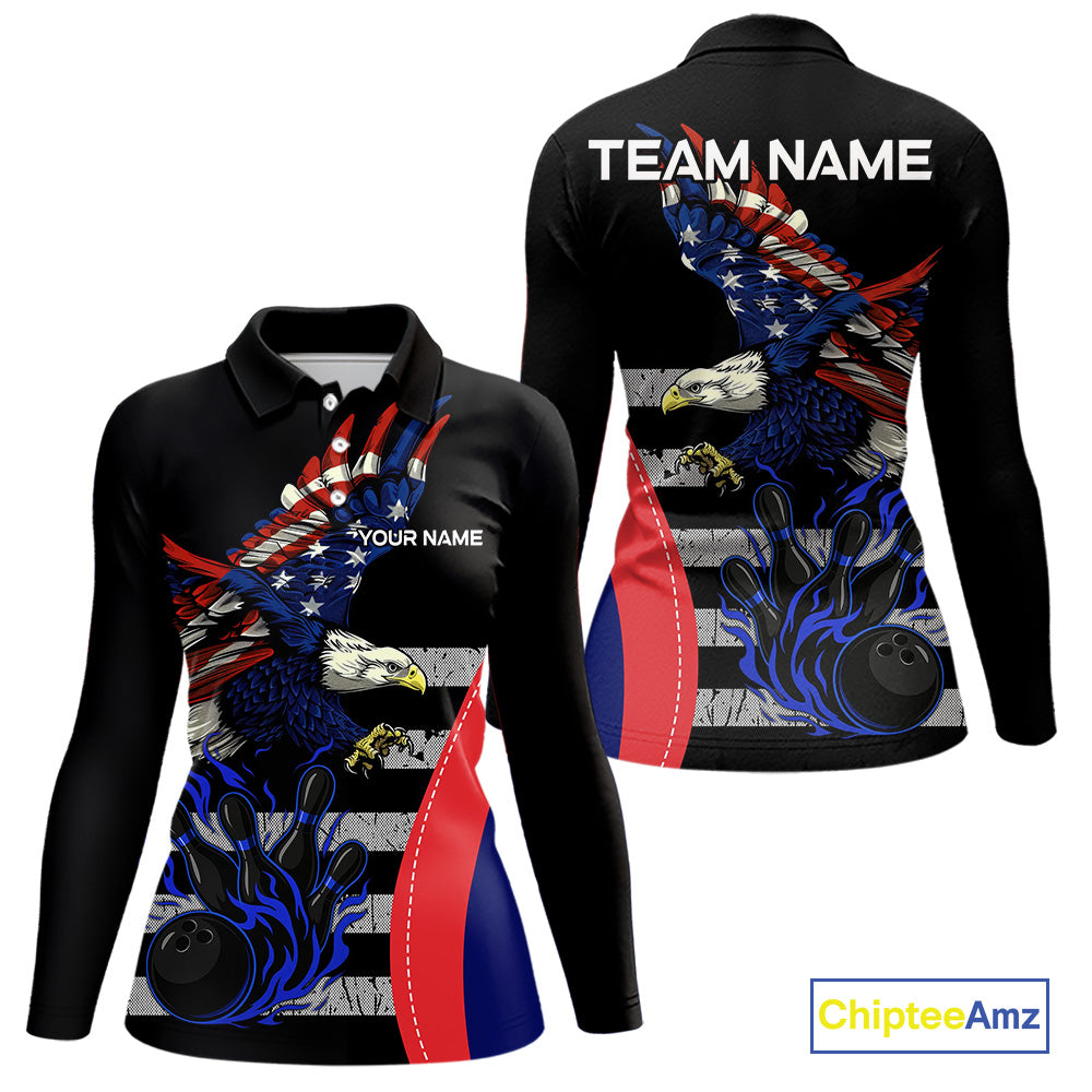 Eagle American Flag Custom Flame Bowling Team Shirts For Women, Patriotic Bowling Uniform NQS9971