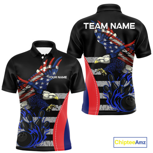 Eagle American Flag Custom Flame Bowling Team Shirts For Men, Patriotic Bowling Uniform NQS9971