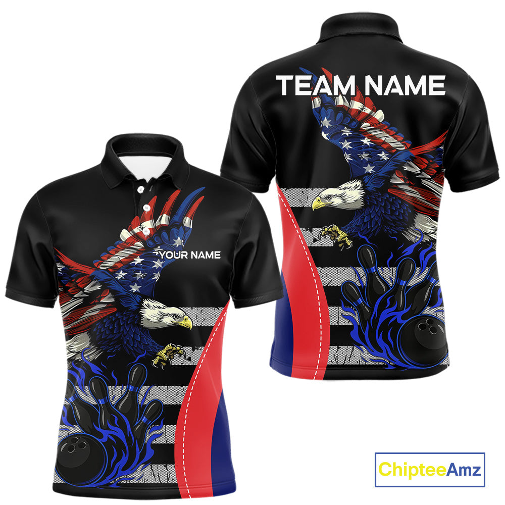 Eagle American Flag Custom Flame Bowling Team Shirts For Men, Patriotic Bowling Uniform NQS9971