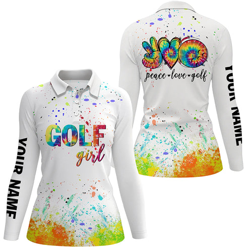 Womens golf polo shirts custom name watercolor peace love golf, personalized golf shirt for women NQS5744