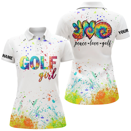 Womens golf polo shirts custom name watercolor peace love golf, personalized golf shirt for women NQS5744