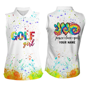 Womens sleeveless polo shirts custom watercolor peace love golf, personalized golf shirt for women NQS5744