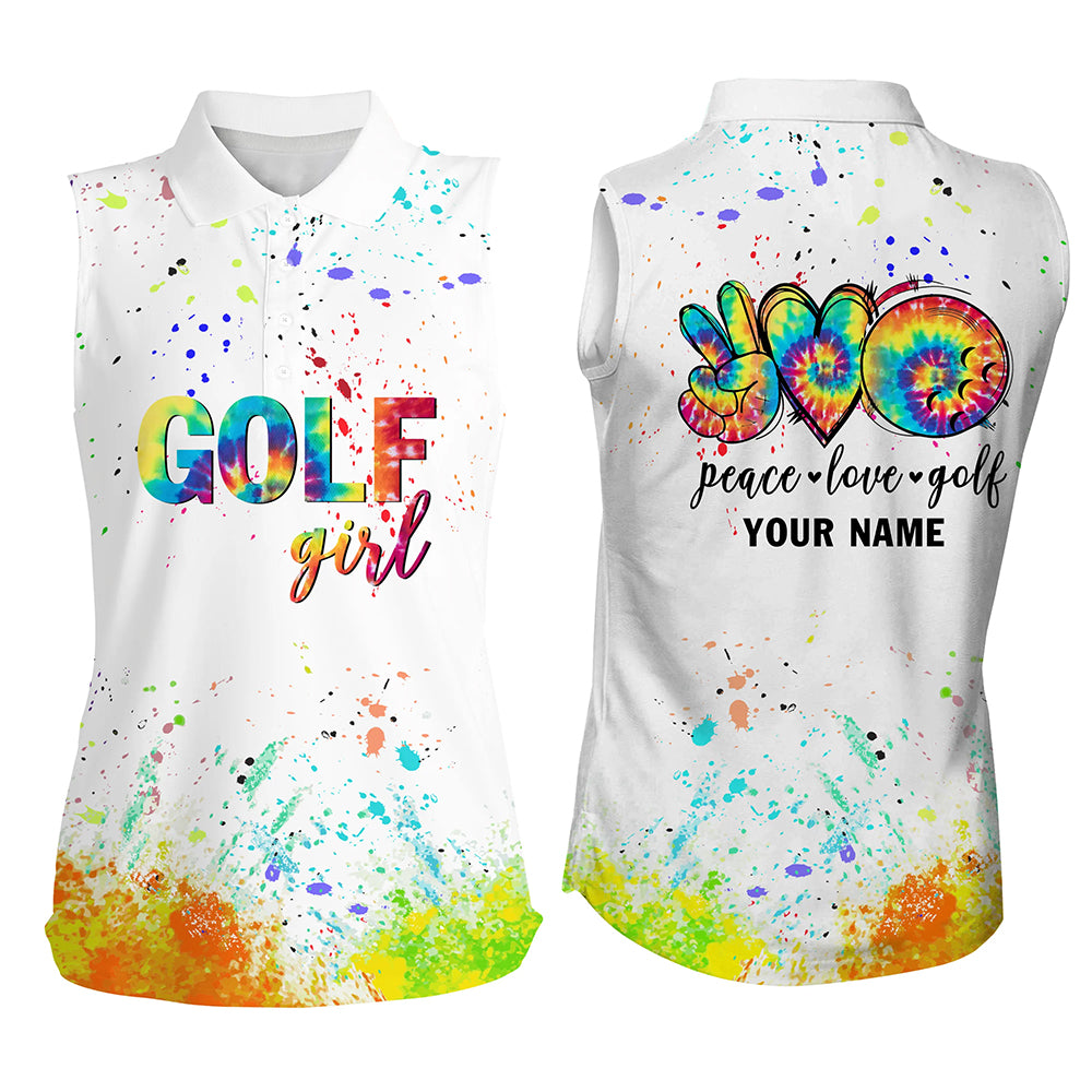 Womens sleeveless polo shirts custom watercolor peace love golf, personalized golf shirt for women NQS5744