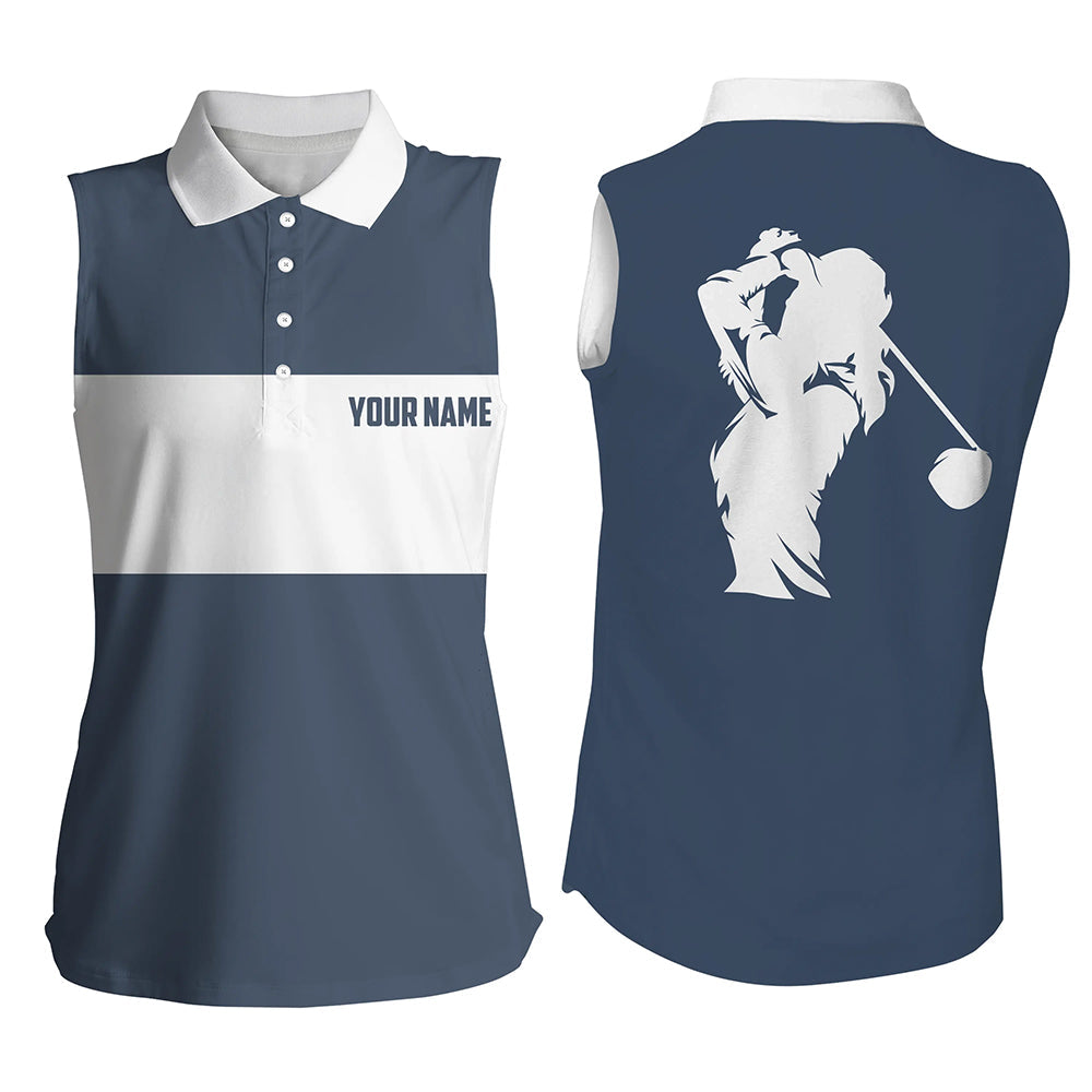 Blue and white Women sleeveless polo shirt custom golf attire for women, cool golf gifts NQS7825