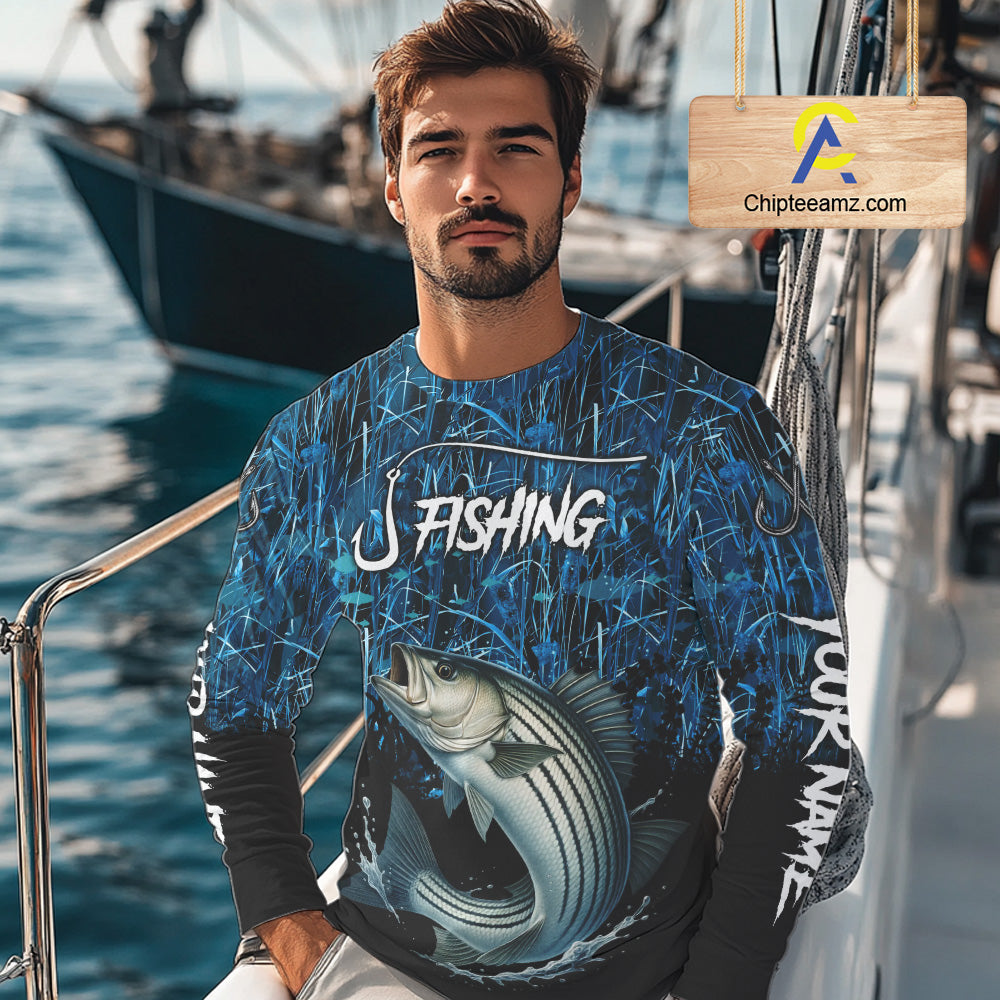 Striped Bass Fishing blue camo Custom UV protection Striper long sleeves fishing shirts NQS10122