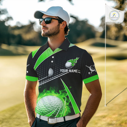 Black and Green Fire golf ball custom Men golf polo shirts, personalized golf outfits for team men NQS10123