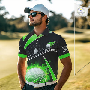 Black and Green Fire golf ball custom Men golf polo shirts, personalized golf outfits for team men NQS10123