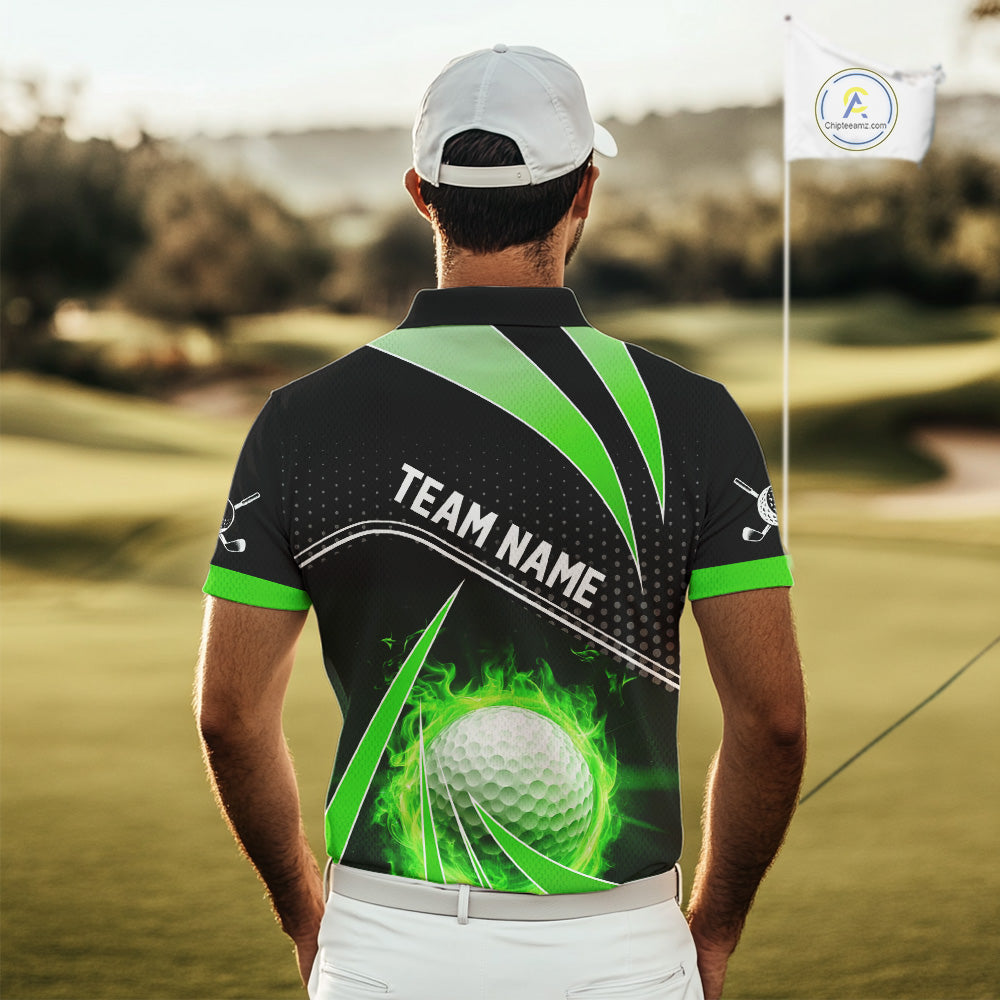 Black and Green Fire golf ball custom Men golf polo shirts, personalized golf outfits for team men NQS10123