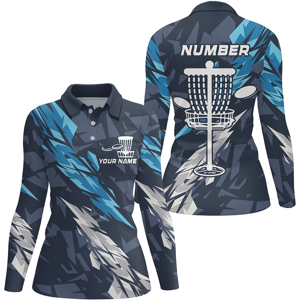 Blue camo Disc golf basket custom team disc golf polo shirt for women, disc golf attire NQS8059