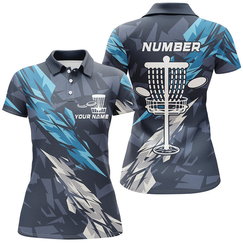 Blue camo Disc golf basket custom team disc golf polo shirt for women, frisbee golf attire NQS8059