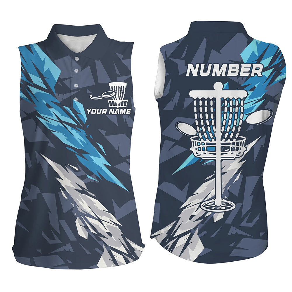 Blue camo Disc golf basket custom team disc golf sleeveless polo shirt for women, frisbee golf attire NQS8059