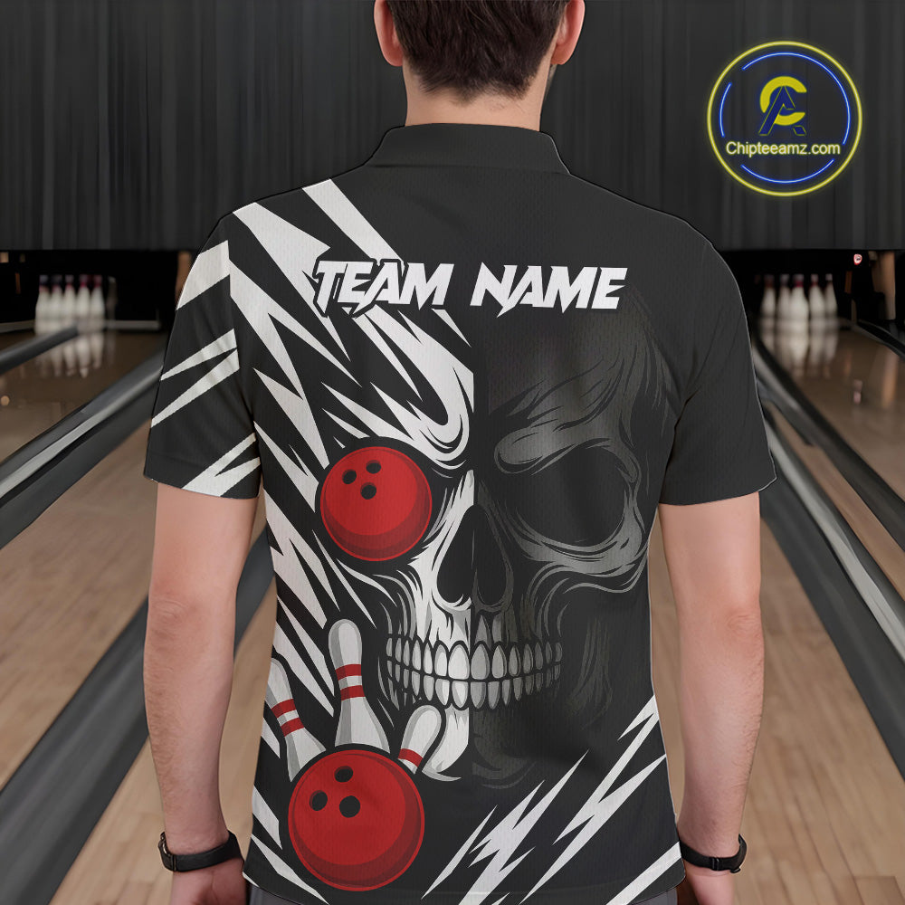 Black and White Skull Bowling Polo, Quarter Zip shirts for Men Custom Skull Team Bowling Jerseys NQS10261