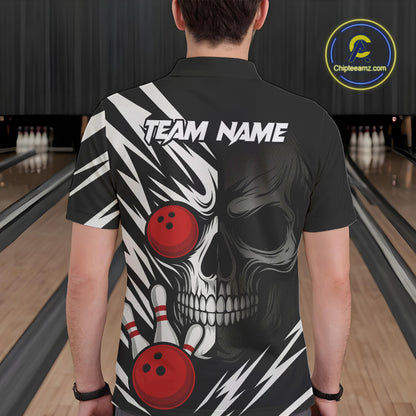 Black and White Skull Bowling Polo, Quarter Zip shirts for Men Custom Skull Team Bowling Jerseys NQS10261