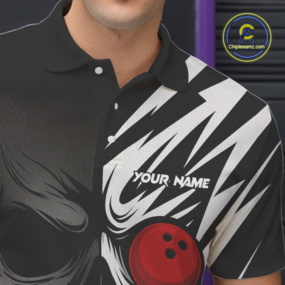 Black and White Skull Bowling Polo, Quarter Zip shirts for Men Custom Skull Team Bowling Jerseys NQS10261