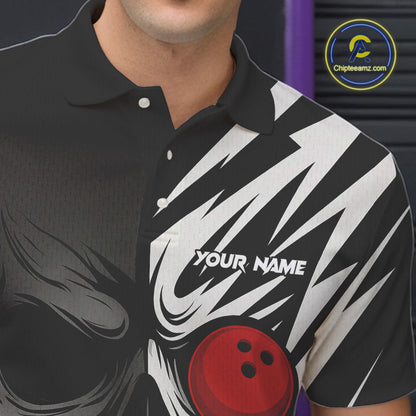 Black and White Skull Bowling Polo, Quarter Zip shirts for Men Custom Skull Team Bowling Jerseys NQS10261