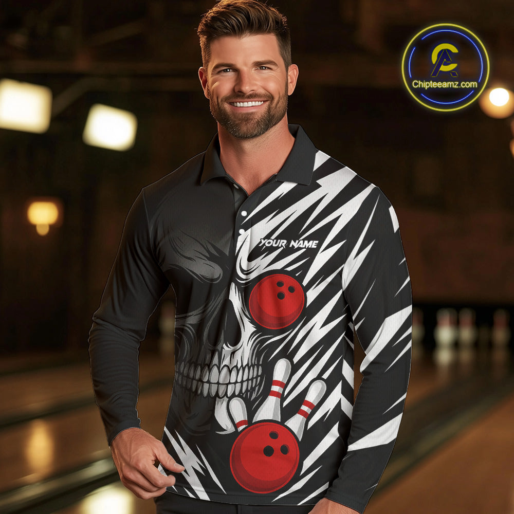 Black and White Skull Bowling Polo, Quarter Zip shirts for Men Custom Skull Team Bowling Jerseys NQS10261