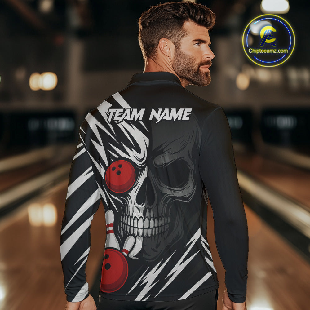 Black and White Skull Bowling Polo, Quarter Zip shirts for Men Custom Skull Team Bowling Jerseys NQS10261