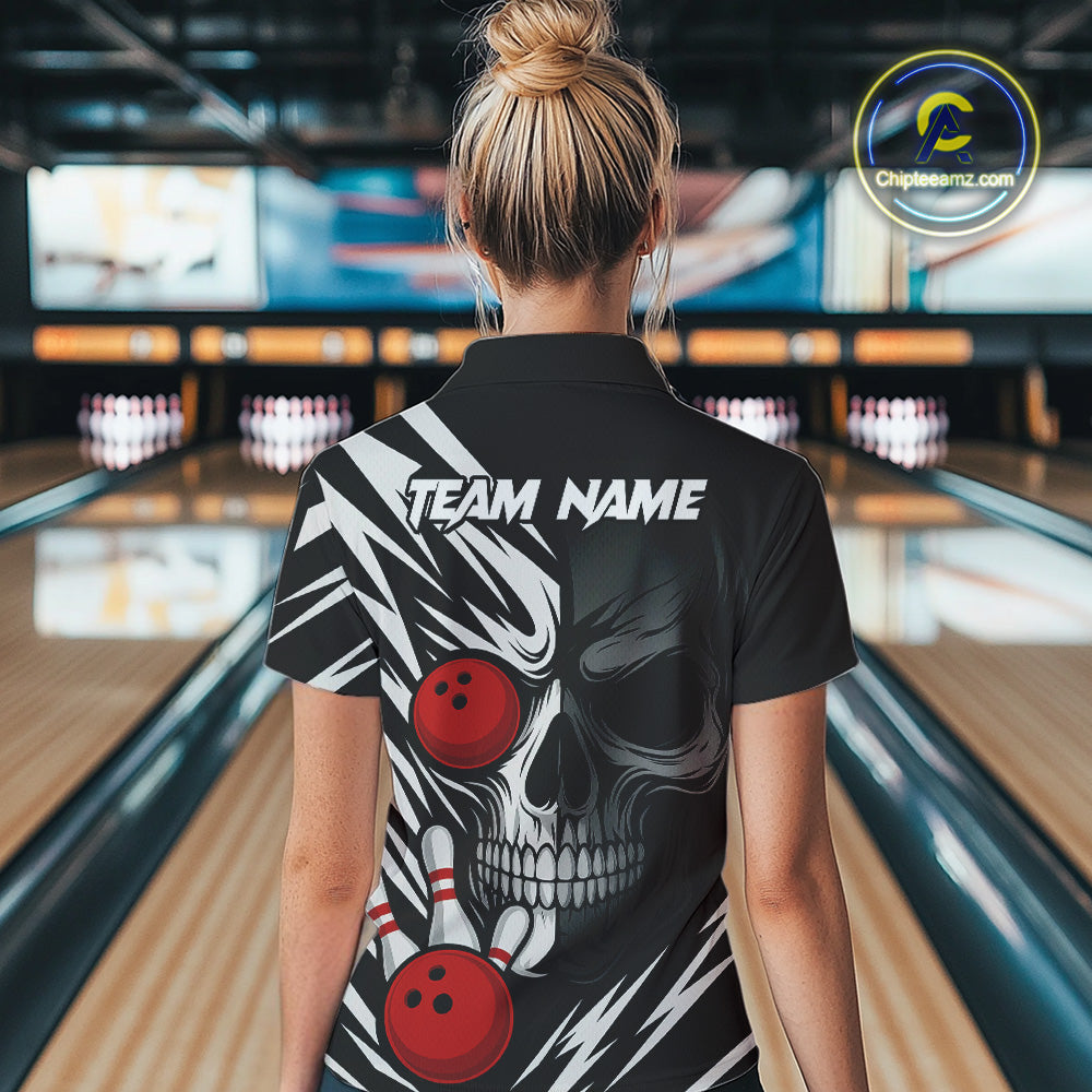 Black and White Skull Bowling Polo, Quarter Zip shirts for Women Custom Skull Team Bowling Jerseys NQS10261