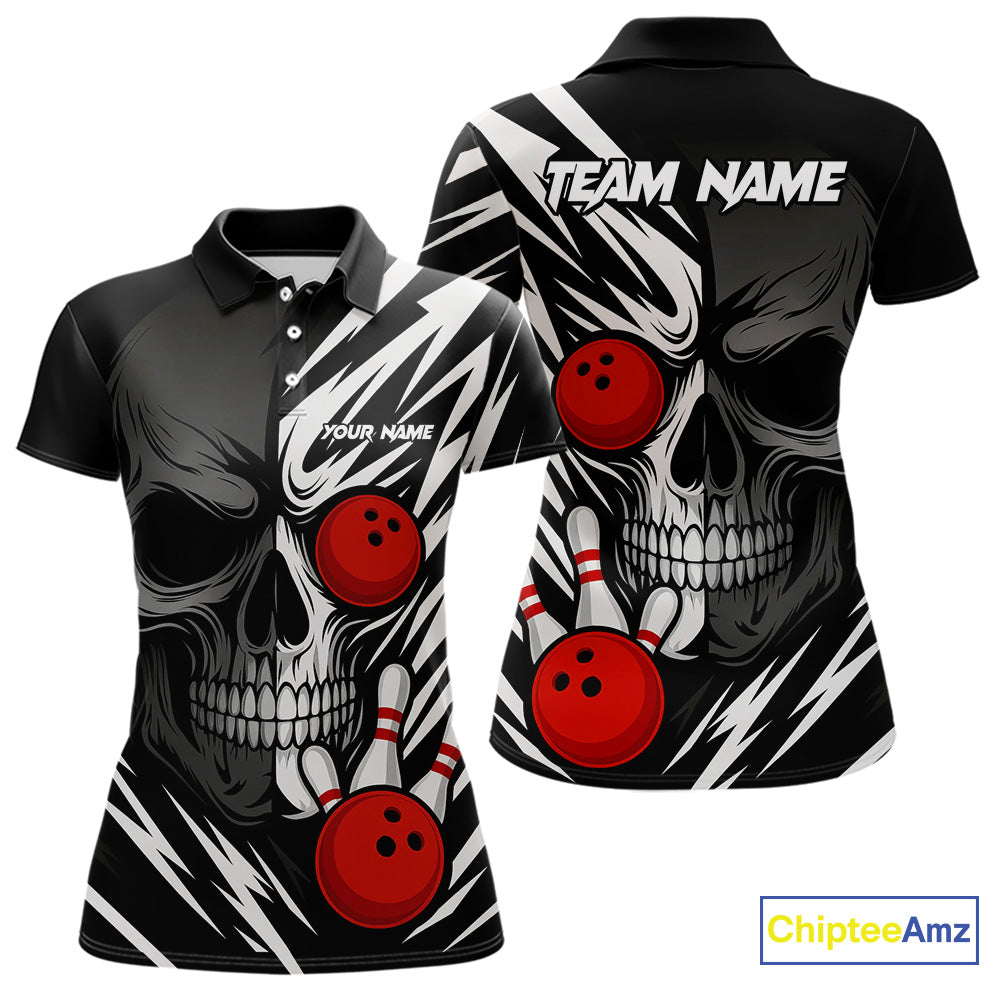 Black and White Skull Bowling Polo, Quarter Zip shirts for Women Custom Skull Team Bowling Jerseys NQS10261